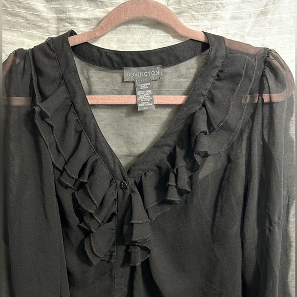 Covington Women’s Pullover Blouse Black Ruffle Front Sheer Long Sleeve Size L - Picture 4 of 6